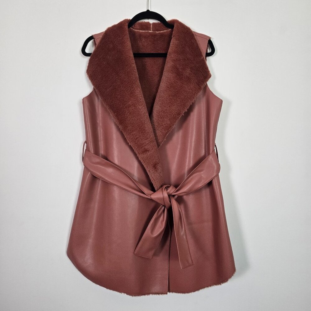 G by‎ Giuliana Womens Vest in Light Cedar Reversible Belted Faux Leather Elegant